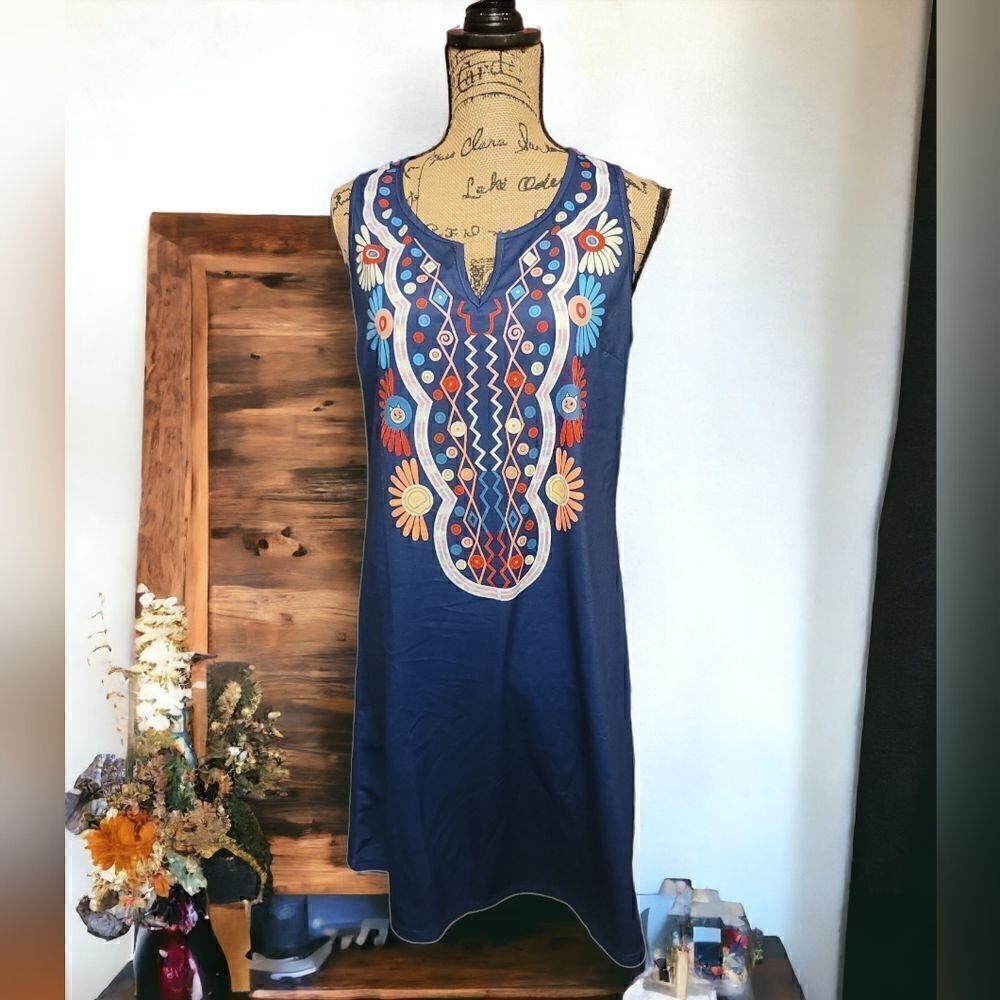 Retro Blue Flower Art Print Flowy & Comfy Dress Size XL NWOT